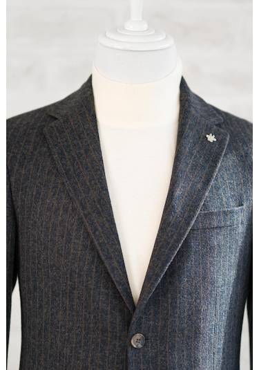 Slimfit Torba Cep Çizgili Mono Yaka Astarsız Çift Yırtmaç Likralı Kışlık Erkek Tek Ceket 001