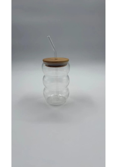 600 Ml Borosilikat Cam Bardak Bambu Kapaklı, Bubble Form, Isıya Dayanıklı Şeffaf Tasarım Cam - Şeffaf