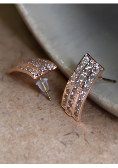 Rose Kaplama Üç Sıra Taşlı Dikdörtgen Kadın Küpe Rose Gold