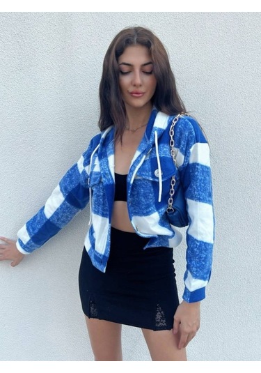 Kapşonlu Ekose Polar Crop Ceket -mavi Karışık