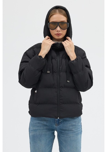 Çift Cepli Fermuarlı Su İtici Kumaş Normal Kesim Dolumlu Şişme Kadın Siyah Mont Tbmnt005 Siyah
