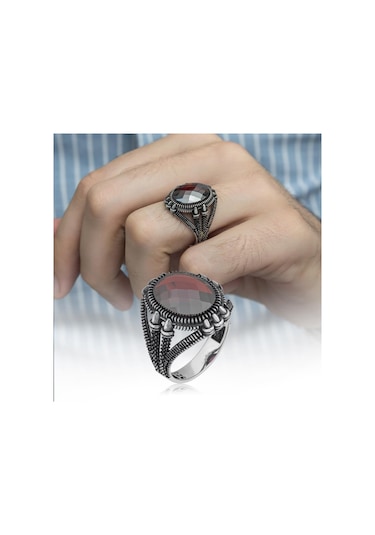 Oval Kırmızı Taşlı 925 Gümüş Erkek Yüzük