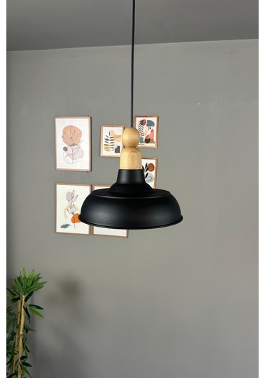 Veluna Siyah Boncuk Kalın Ahşap Başlık Tekli Avize Retro Sarkıt Ofis Showroom Salon Mutfak Avizeleri Siyah