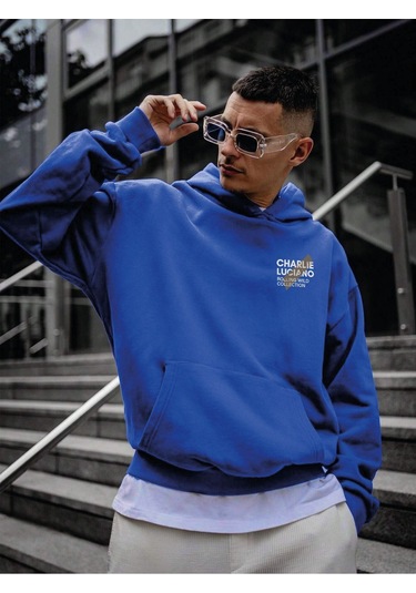 Charlie Luciano Tasarım Kışlık Sweatshirt - Sax Mavi Baskılı Oversize Şardonlu Kapüşonlu Sax