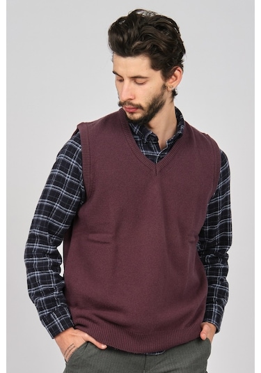Arslanlı Erkek Lambswool V Yaka Süveter 0767991 Mürdüm-Mürdüm
