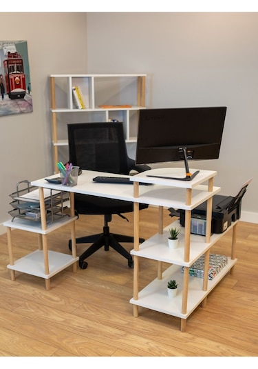 Çalışma Masası 5 Raflı Ahşap Ayaklı Dekoratif Modern Bilgisayar Ofis Masası - Beyaz - Köşe