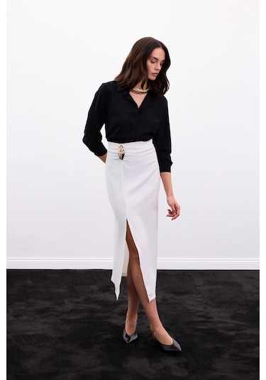 Sateen Gold Yan Aksesuarlı Etek - Ekru-136886 Ekru