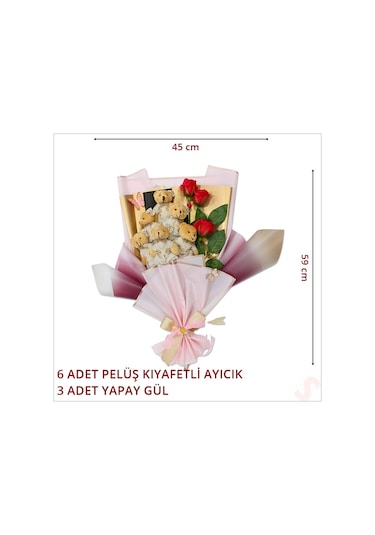 6 Pelüş Ayıcıklı Ve 3 Yapay Güllü Buket, 59cm X 45cm