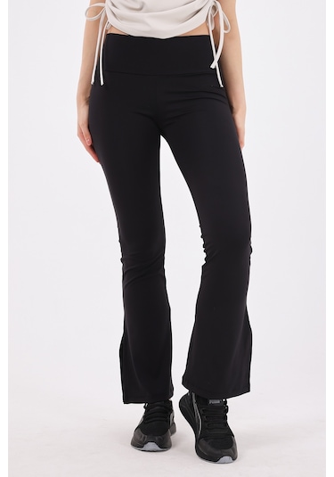 Scorp Ivy Kadın Yüksek Bel Yırtmaçlı Bol Paça Spor Tayt Siyah STANDART
