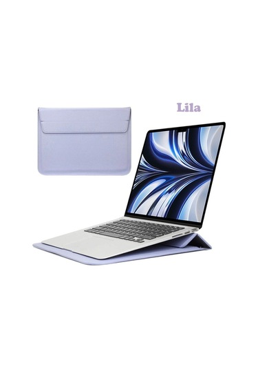 Macbook Pro 14 İnç M3 A2992 A2918 Uyumlu Deri Mıknatıslı Çanta Stantlı Şık Tasarım Lila