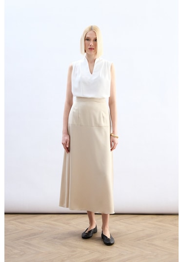 Sateen Yüksek Bel Saten Etek - Taş-136786 Taş