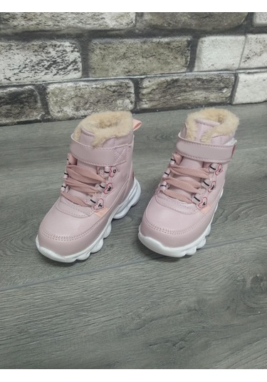 İçi Kürklü Kaydırmaz Kauçuk Taban Su Geçirmez Işıklı Çocuk Botu Pudra