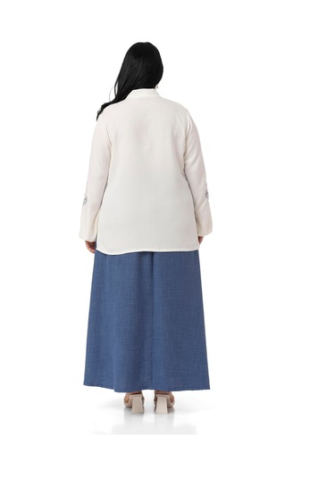 Büyük Beden Nakış Detaylı Bluz Etek İndigo İkili Takım İndigo