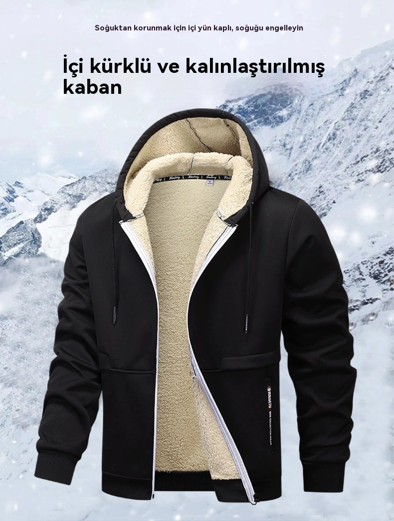 Sonbahar Ve Kış Bol Kalın Kuzu Derisi Sıcak Günlük Kazak Ceket Siyah