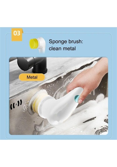 Sones Çok İşlevli Elektrikli Temizleme Fırçası El Tipi Mutfak Bulaşık Fırçası 5 Yedek Başlıklı Beyaz