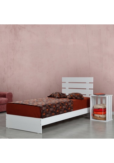 Pasifichome Huga Tek Kişilik Beyaz Ahşap Karyola Komodin Takım 100X200 Cm