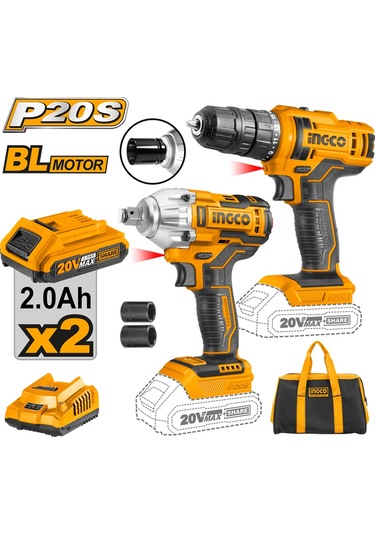 Ingco ING-CKLI2017 Li-ion Akülü 2'li Kombo Set - Matkap + Somun Sıkma 20V 2.0 AH