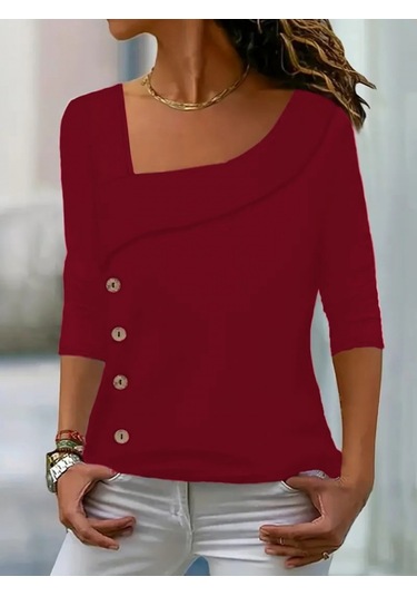 Kadın Uzun Kollu Geometrik Yaka Detay Yandan Düğmeli Viskon Iki Iplik Bluz Bordo