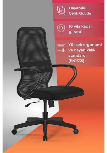 Ergolife Sit 8 Ofis Koltuğu Krom Ayaklı, Tekerlekli, Siyah, Bilgisayar Sandalyesi - 411.58.1.222 Siyah