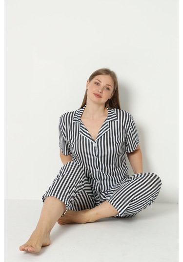 Fames Pijama Yazlik Düğmeli Büyük Beden Ev Giyim Lacivert