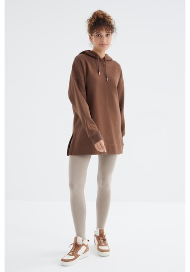 Kahverengi Reglan Kol Basic Kapüşonlu Oversize Sweatshirt Tunik - 97242 Kahverengi