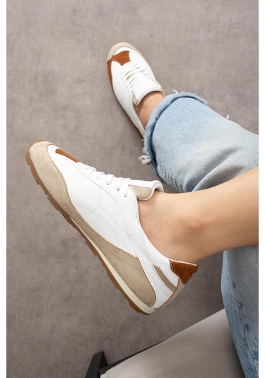 Shoetek Rounya Kadın Sneakers Bağcıklı Spor Ayakkabı Beyaz Vizon Süet Vizon