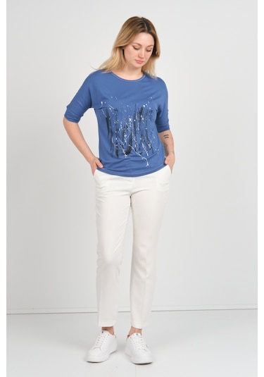 Sistas Kadın Bisiklet Yaka Desenli Yaka Ve Etek Ucu Parlak Şeritli Bluz 24244 Indigo Indigo