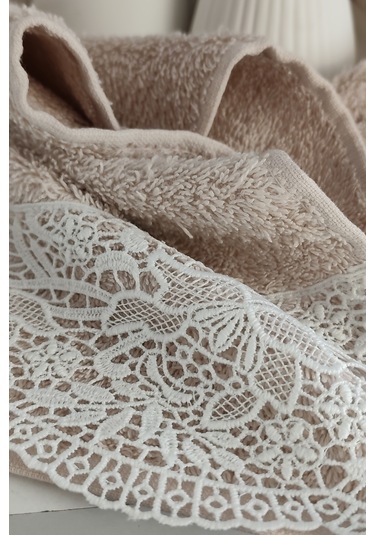 Gipür Dantelli Banyo Havlusu Takımı-%100 Pamuk Banyo Seti-gelin Havlusu Pudra Pudra