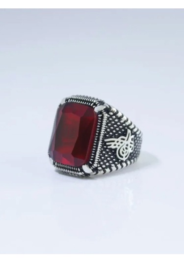 Gümüş Pençe Model Tuğra Desenli Kristal Kesim Kırmızı Taşlı Erkek Yüzük
