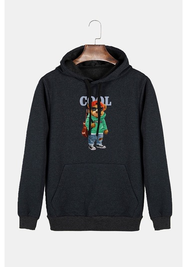 Unisex Antrasit Kapüşonlu Cool Ayıcık Baskılı Slim Fit Kanguru Cepli Sweatshirt Antrasit