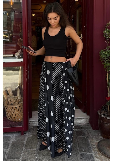 Madmext Siyah Çoklu Puantiye Desen Maxi Etek Mg2839