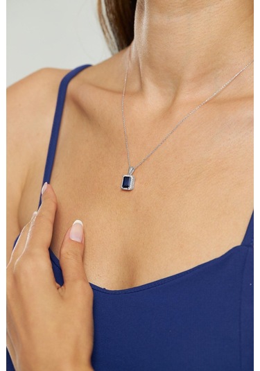 Erdobia Safir Taşlı Rodyum Tektaş Baget Gümüş Kolye N10171