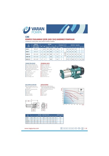 Varan Cmı 8-30 Kademeli Paslanmaz Santrifüj Pompa 2.5 Hp / 1.85 Kw, Trifaze 380 V, 55 Mss, 10 M3/h