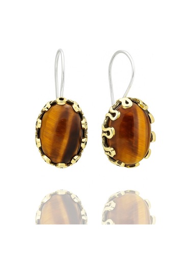 Lale Serisi El İşi Kahverengi Kaplangözü Taşlı Gümüş Kadın Küpe Gümüş