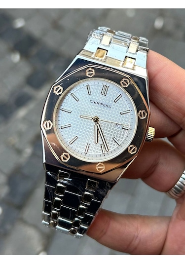 Choppers Gümüş Renk Çelik Kordon Beyaz Renk Kadran Detay - Modern Klasik Tasarım Erkek Kol Saati Gold