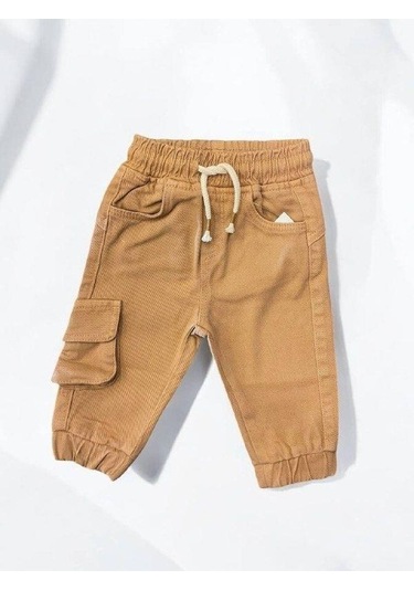 Erkek Bebek Kargo Cepli Beli Paçası Lastikli Dokuma Pantolon-14877 Kahverengi