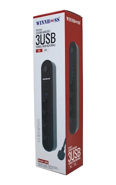 Termal Akım Korumalı 4lü Priz 3xusb 2mt Anahtarlı Uzatma Kablo Siyah 10a - 2500w 0.7 M