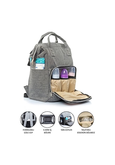 Anne Bebek Bakım Sırt Çantası Gri Termos Bölmeli Gri