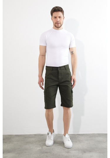 Erkek Lacivert Renk Kargo Yandan Cepli Esnek Kumaş Slim Fit Kapri Şort Haki