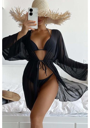 Angelsin Uzun Önden Bağlamalı Plaj Elbisesi Pareo Kimono Siyah