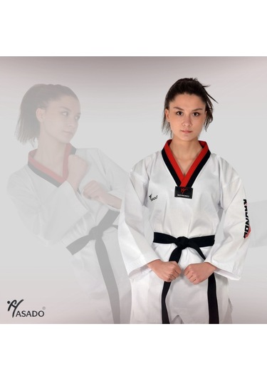 Haşado Şeritli Pum Yaka Fitilli Taekwondo Elbisesi Kırmızı-siyah Yaka Beyaz