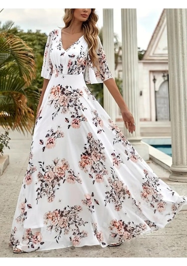 Kadın Kısa Kollu V Yakalı Çiçek Desenli Süprem Elbise Beyaz