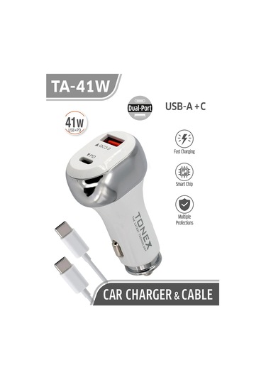 Tonex Ta-41w Pd + Usb-a Type-c To Type-c Kablolu Araç İçi Şarj Aleti -