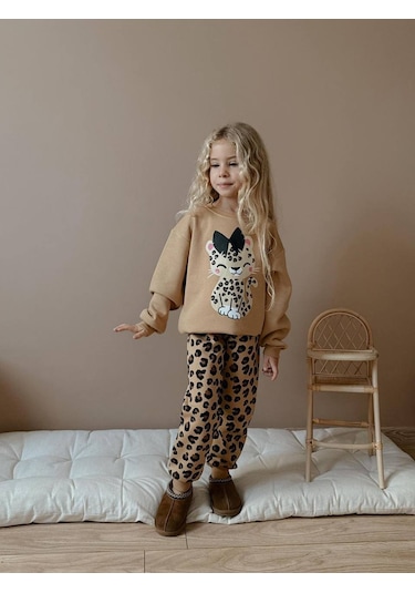 Kız Çocuk Kedi Desenli Leopar Modelli 3 İplik Takım Bej
