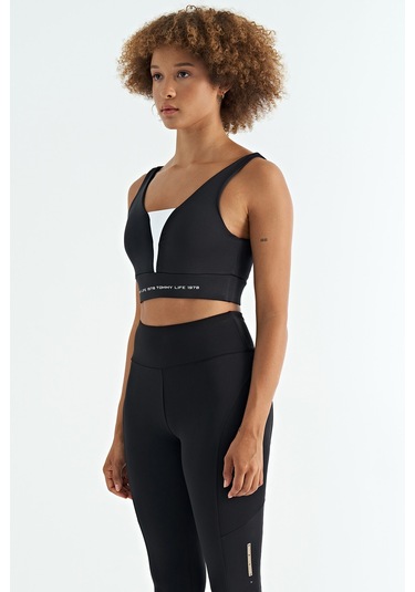 Tommy Life Siyah - Beyaz Yazı Baskılı Renk Bloklu Dar Kalıp Dalgıç Kumaş Kadın Büstiyer - 97271 Siyah - Beyaz