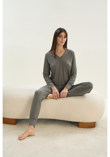 Kadın Uzun Kol Kaşkorse Haki Pijama Takım C8t7n1o61 001