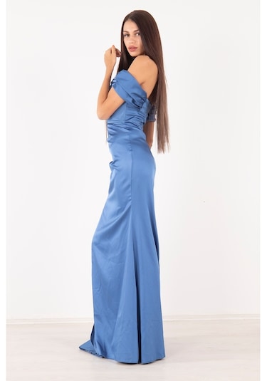Belamore Indigo Drape Detaylı Saten Kumaş Abiye 9704858.98