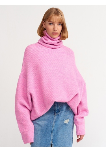 Dilvin Balıkçı Yaka Geniş Kazak Pembe