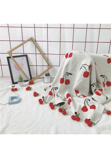 Sones Çocuk Çilek Örgü Pamuklu Battaniye Ölçü: 100 X 130cm Beyaz