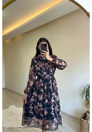 Neşeli Butik Kadın Desenli Gömlek Yaka Midi Elbise Nm011 Siyah